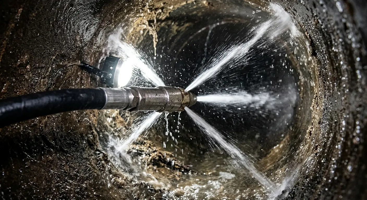 High-pressure hydro jetting nozzle cleaning sewer pipe for Sewer Line Relining in Draper