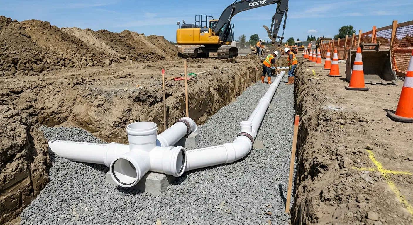 New PVC sewer pipe installation in open trench for Commercial Drain Cleaning in Draper
