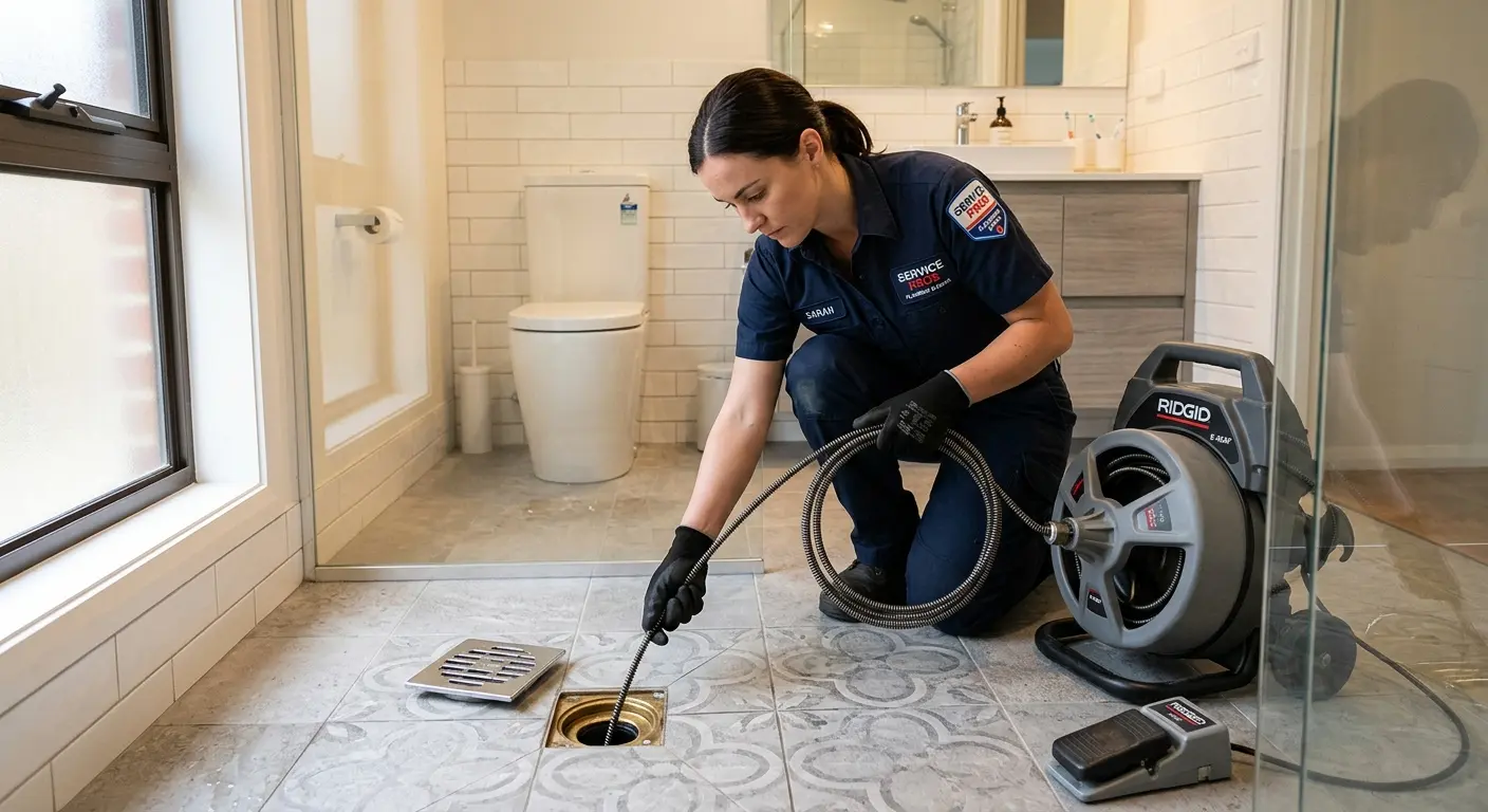 Technician clearing a bathroom floor drain for Clogged Drain Repair in Draper